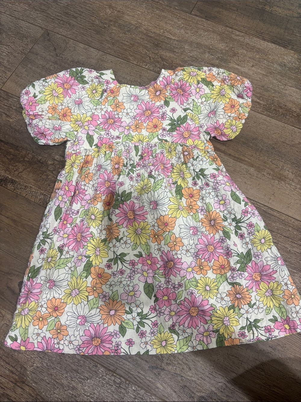 Zara White Floral Puff-Sleeve Dress with Pink, Yellow & Orange Flowers
